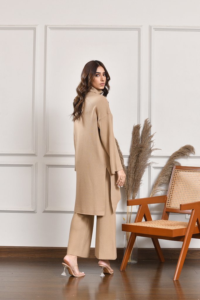 Asymmetrical Knitted Separates Camel