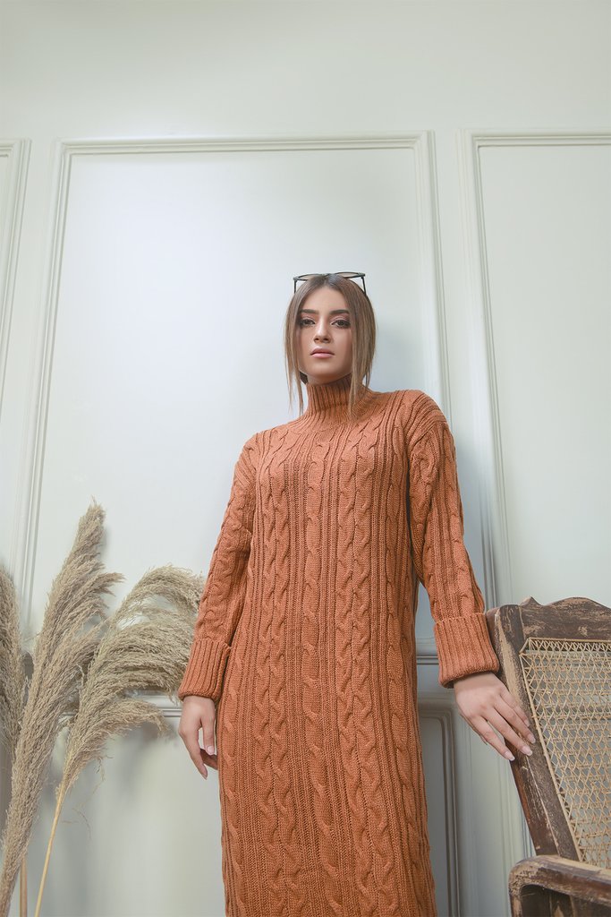 Classic Cable Knit Dress Coffee