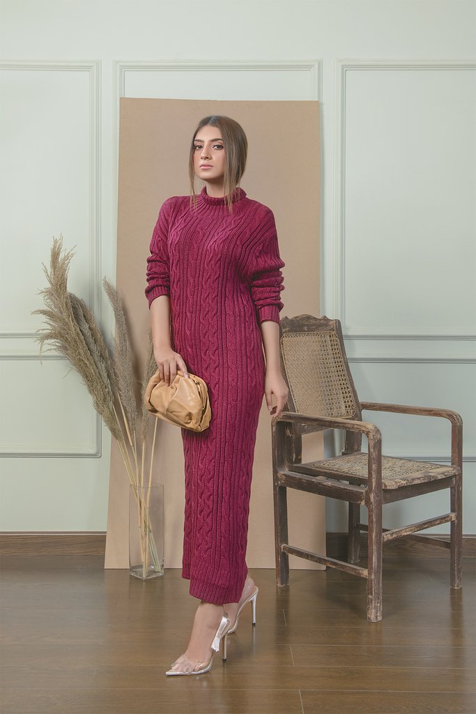 Classic Maroon Cable Knit Dress
