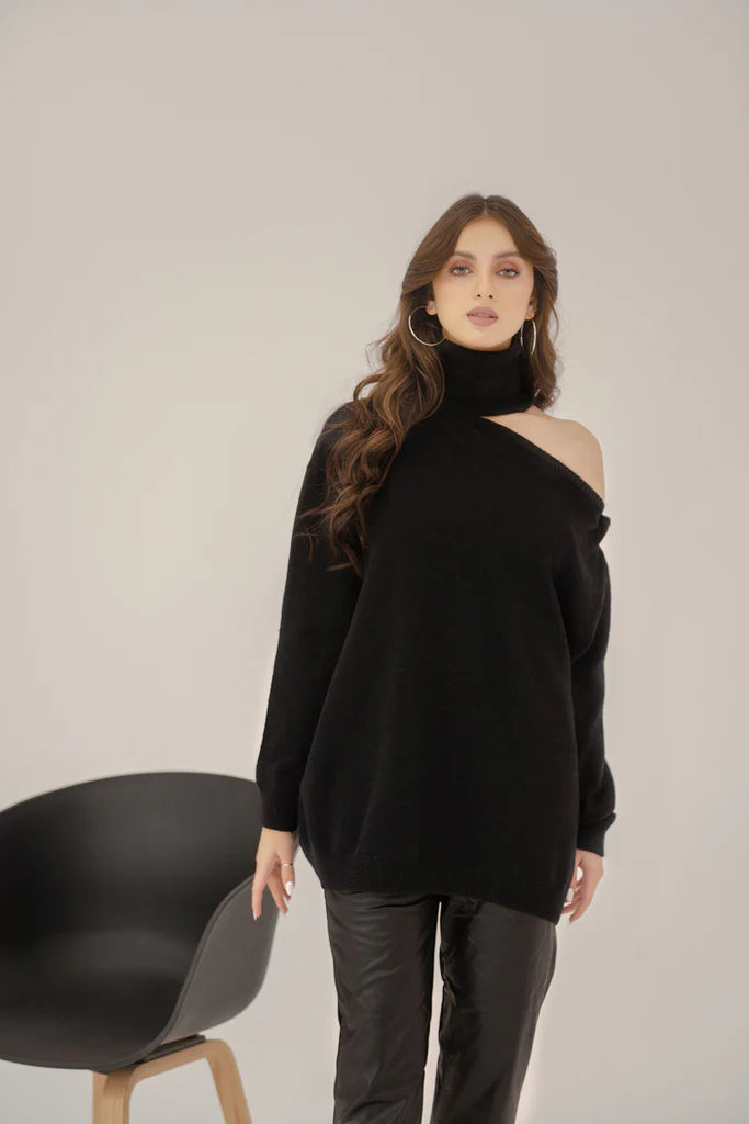 Cut Out Shoulder Top Sweater Black
