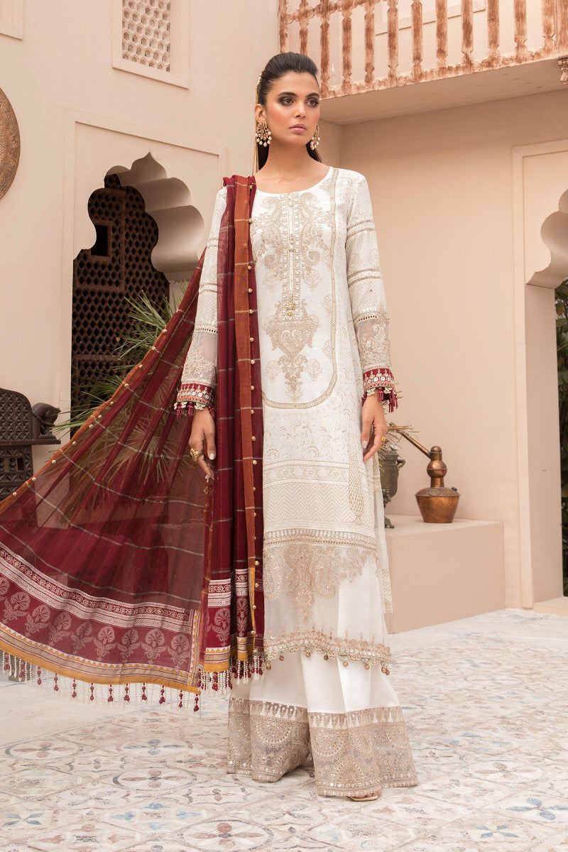 Unstitched Lawn EL-21-01-Ivory White and Maroon