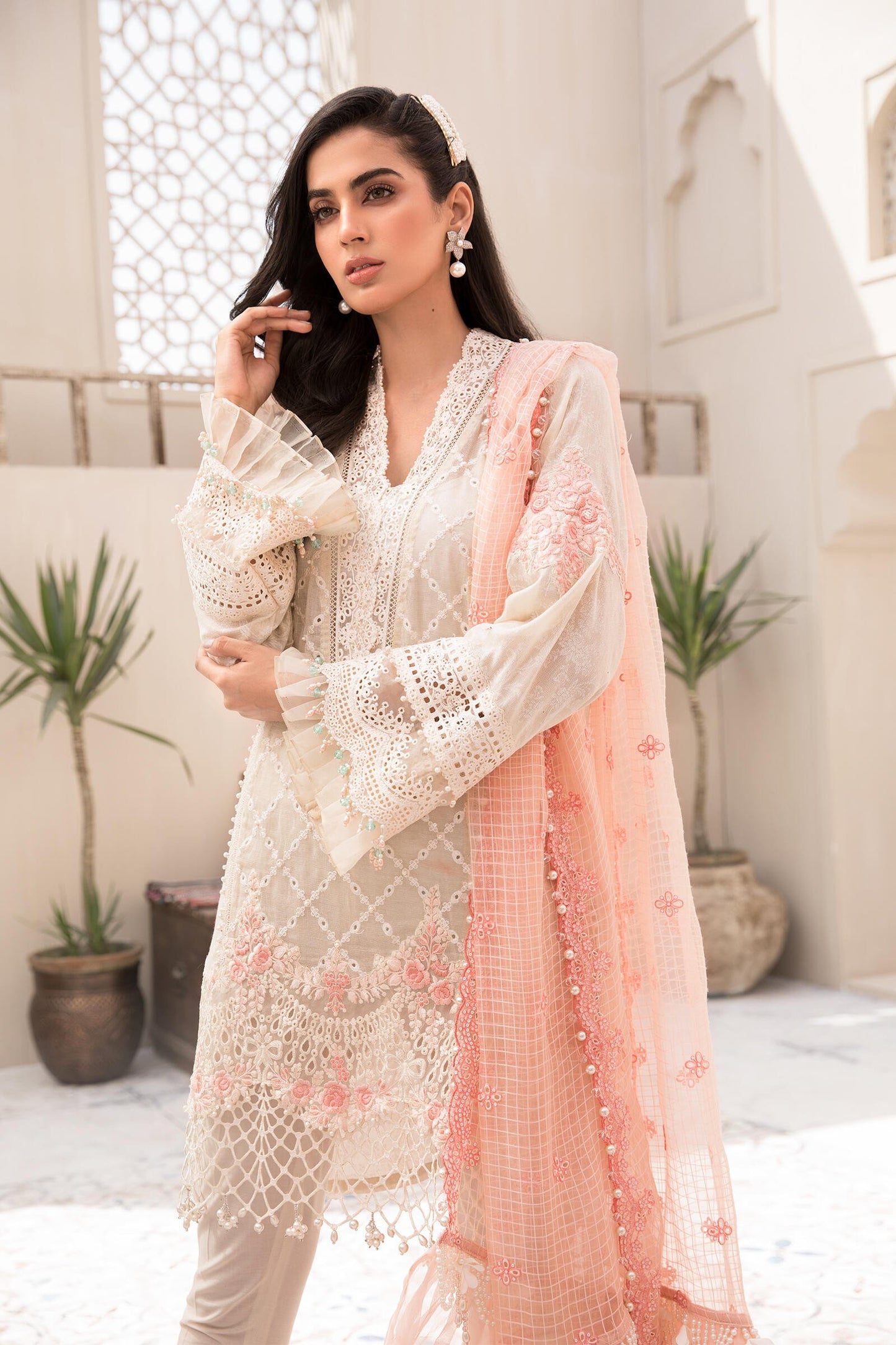 Unstitched Lawn EL-21-05-Off White and Peach